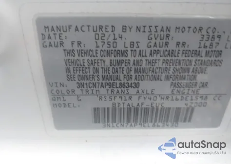 2014 Nissan Versa S/S Plus/Sv/Sl z USA, uszkodzony, nr VIN 3N1CN7AP9EL863430